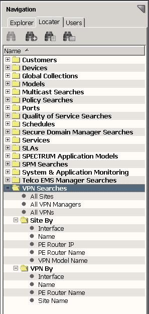VPN Manager Searches Search button Figure 2-3: VPN Searches VPN Searches list (expanded) Table 2-1: Types of VPN Searches All of a Type Searches Site Searches VPN Searches All Sites Site By Interface