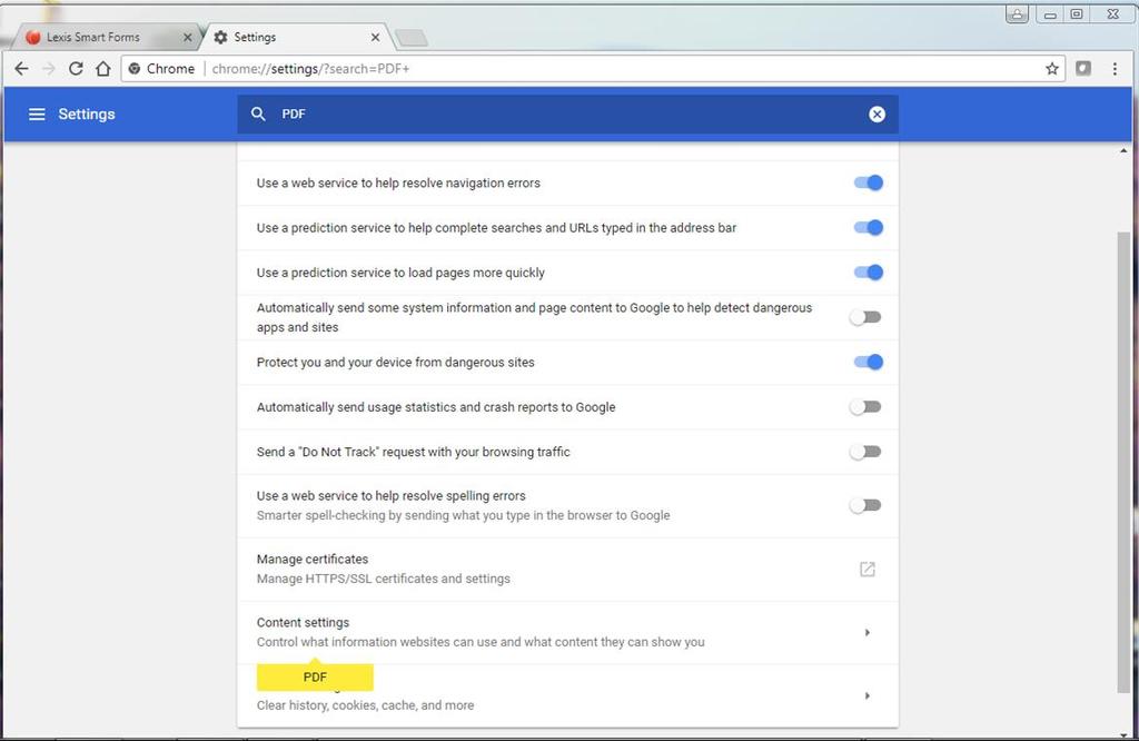 Google Chrome With Chrome open find and click on the three vertical dots Settings search for PDF - find and click on Scroll down in the resulting screen