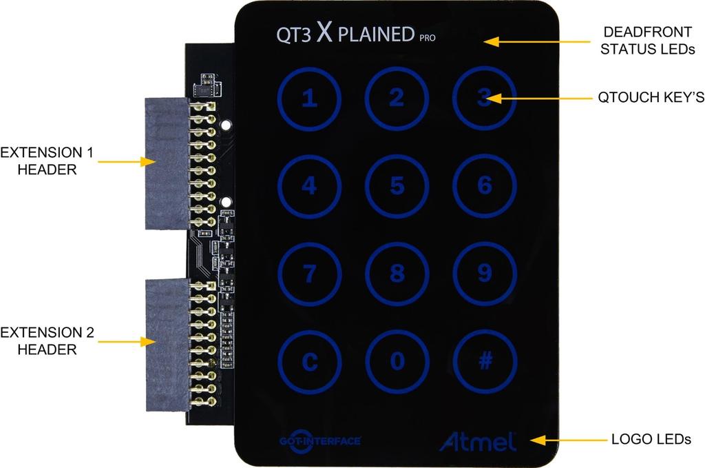 1. Introduction 1.1. Features 3x4 Mutual Capacitance QTouch keypad matrix 17 LEDs One LED for each key Two LEDs for logo Three status LEDs Xplained Pro hardware identification system 1.2.