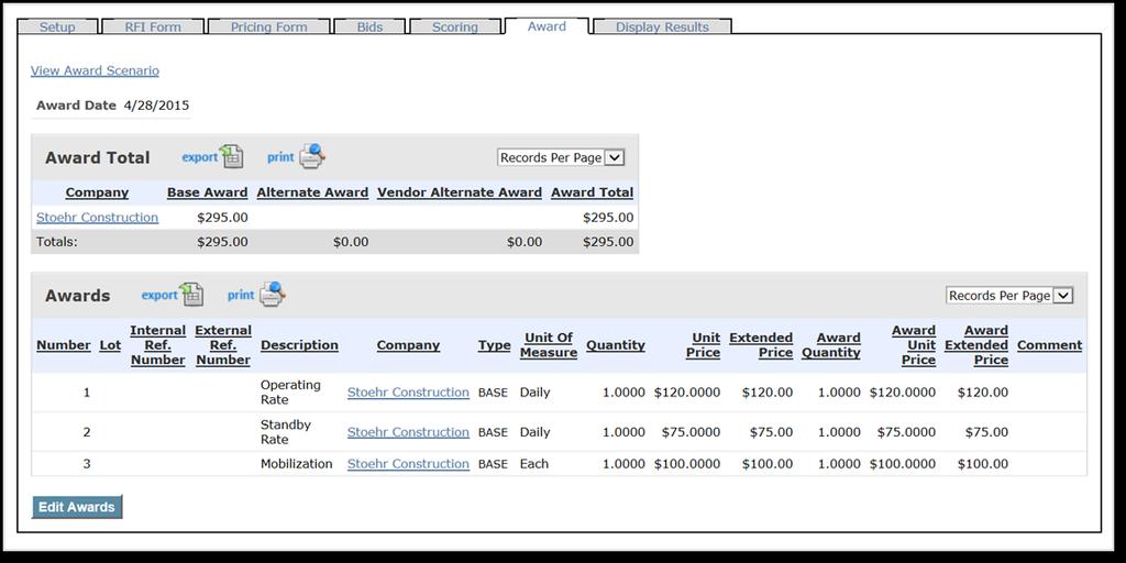 Option #2: Line Item Bids For line item solicitations the award process has been streamlined by replacing the Analysis tab with the View Award Scenario link.