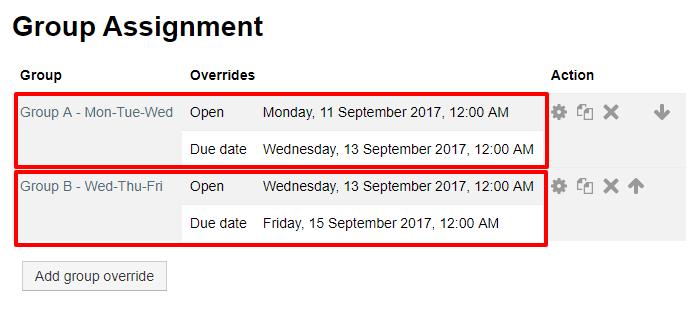Assignment Override (NEW): A lecturer can override a deadline for an individual or group from the assignment settings (Administration > Assignment administration > Group/User overrides).