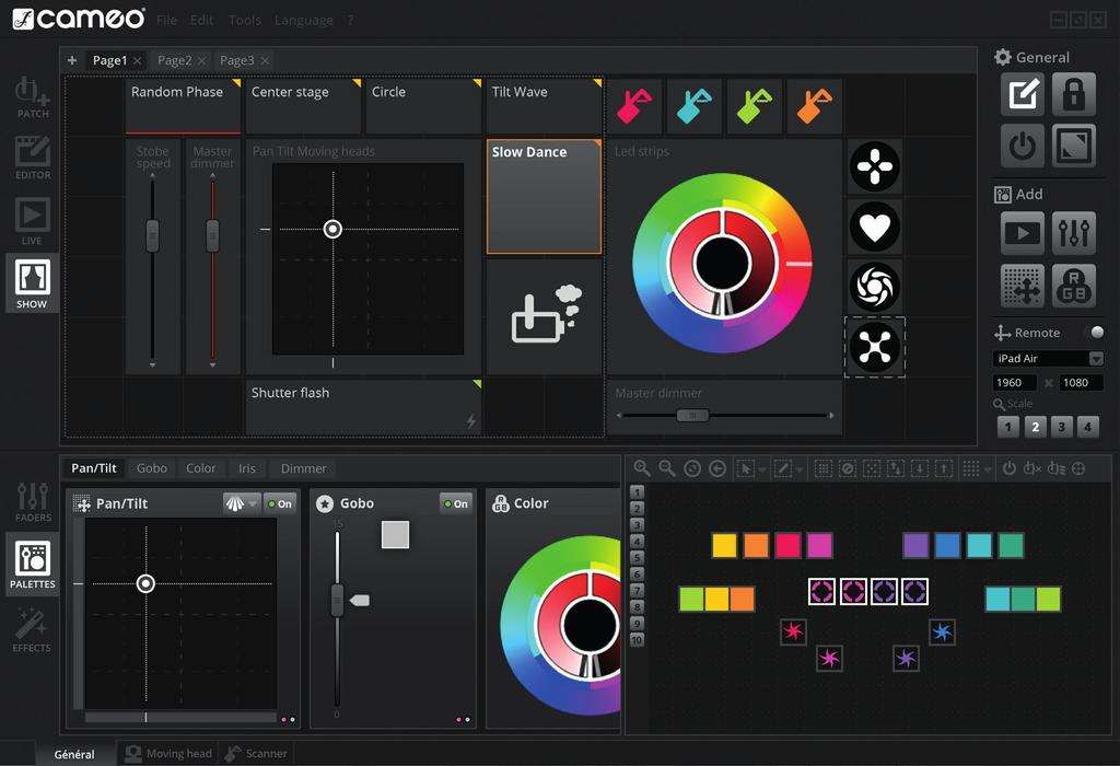 show mode The new Show mode allows you to build a completely customized screen. Add pan/tilt grids, color wheels, buttons and faders, then position and color them to create your very own controller.