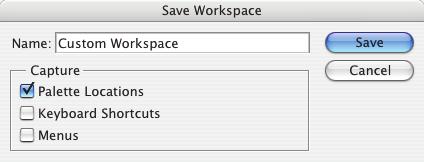 Adobe Photoshop CS2 for the Web H O T 2. Understanding the Interface 3. Choose Window > Workspace > Save Workspace. 4. In the Save Workspace dialog box, type Custom Workspace in the Name field.