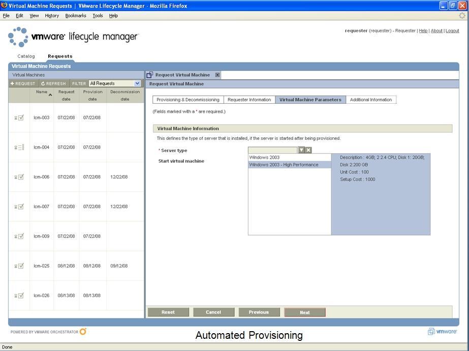 vcenter Lifecycle Manager Provisioning Automated provisioning and decommissioning increase service levels and control.