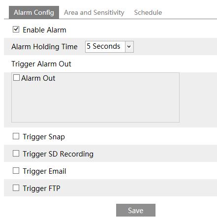 4.4 Alarm Configuration Alarm configuration includes four submenus: Motion Detection, Alarm In, Alarm Out and Alarm Server. 4.4.1 Motion Detection Go to Alarm Motion Detection to set motion detection alarm.
