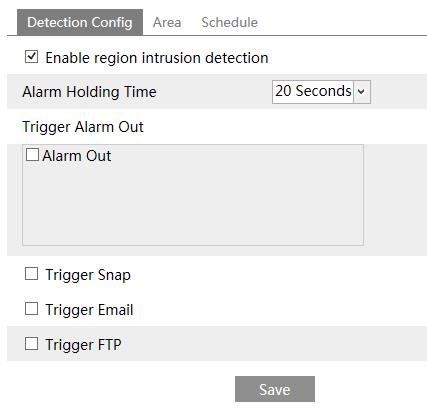 Go to Config Event Intrusion interface as shown below. 1. Enable region intrusion detection alarm and set the alarm holding time. 2. Set alarm trigger options.