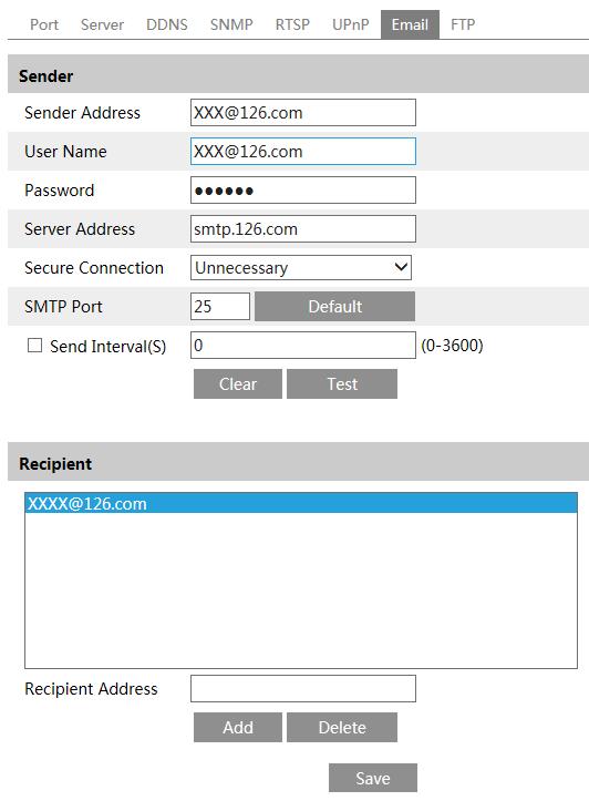 Sender Address: sender s e-mail address. User name and password: sender s user name and password. Server Address: The SMTP IP address or host name.
