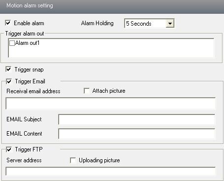 Set alarm trigger options. Alarm Out: If selected, this would trigger the external relay output on detecting a motion based alarm.