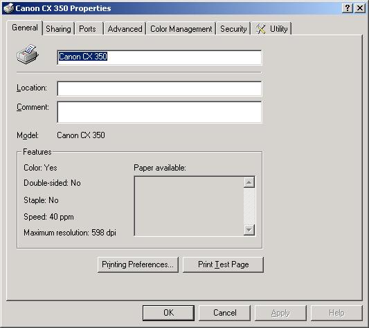 3 How to Use the Printer Driver 2 Click the Canon CX 350 icon, and select Properties from the File menu.
