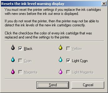 Printer Maintenance 5 1 Display the Utility sheet in the Canon CX 350 Properties dialog box then click Resets the ink level warning display. The Resets the ink level warning display dialog box opens.