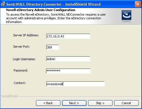 11. In the Novell edirectory Admin User Configuration screen, enter the information for the Novell edirectory server, and then click Next: Server IP Address edirectory Server IP Address Server Port