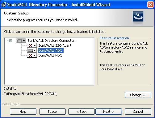 8. On the Custom Setup page, select the SonicWALL ADC feature for installation and disable installation of