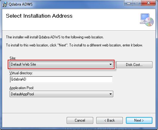 Page 3 of 7 INSTALLATION ADDRESS 1. In the Installation Address screen, you will find a dropdown listing all sites. This defaults to Default Web Site.