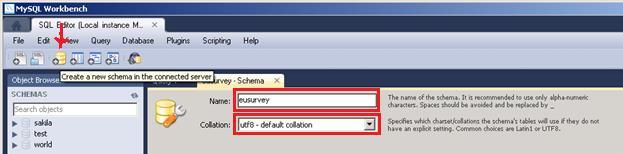 Once connected to the database server, select Create a new schema in the connected server to create a new database for EUSurvey by clicking the respective icon from the toolbar.