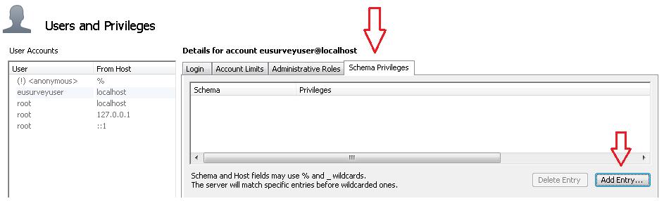 Once you have done so, change to the Schema Privileges tab and click Add Entry to select a schema you want the new user to be privileged to perform some actions on.