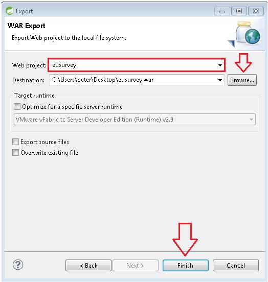Figure 38 - Configure your export. Once you have done so, click Finish to compile and export the application s WAR file to the selected destination.