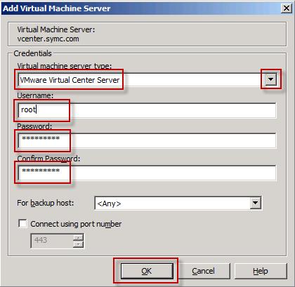 In the Add Virtual Machine Server dialogue window type in the hostname of our vcenter Server: vcenter.symc.