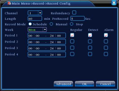 2 Motion 4 Camera Table1 Preview icon 6 Recording Config Set the recording parameters in the surveillance channel. You can enter [Main Menu]> [Record]> [Record Config] to set.