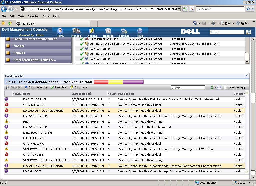 Figure 18: Monitor solution Alerts received from ESXi host server displayed in the Event Console An undetermined alert indicates that, DMC console is unable to determine the primary health
