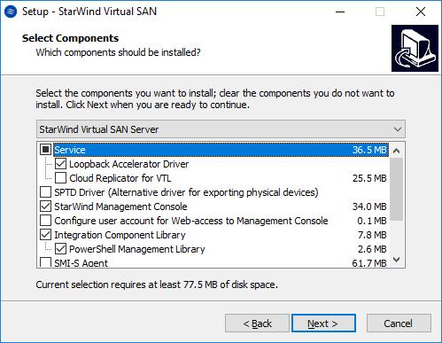 12. Select the following components for the minimum setup: StarWind Virtual SAN Service. StarWind service is the core of the software.