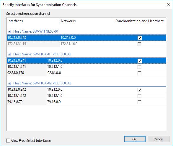57. For the HA device, select the synchronization channel with the Witness node by clicking on the Change