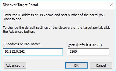 67. In Discover Target Portal dialog, type in the iscsi interface IP address of the partner node that