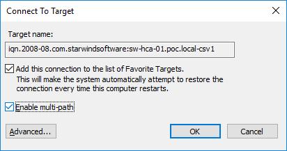 77. Enable checkboxes as in the image below. Click Advanced. 78. Select Microsoft iscsi Initiator in the Local adapter dropdown menu.