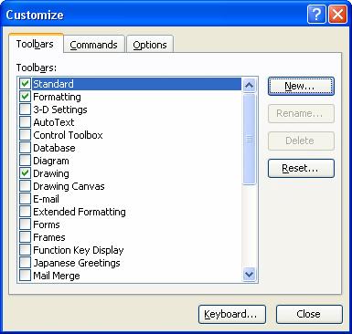 Automating Microsoft Word 2003 12 Setting up the custom toolbar 1. With any Word document open, click on View > Toolbars > Customize. The Customize Dialog box pops up with three tabs.