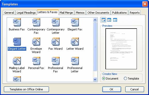 Automating Microsoft Word 2003 6 3. Click on the Letters & Faxes tab. 3. Choose a letter template (such as Elegant Letter). 4.