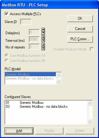 Figure 2 - Controller Setup Dialog Box for multiple controllers Press the Add button to add new Modbus devices to the network and enter their address.