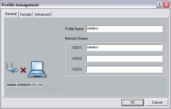 3.2.2.1 General The first tab displayed is the General tab. Here you can specify a profile name and SSID.