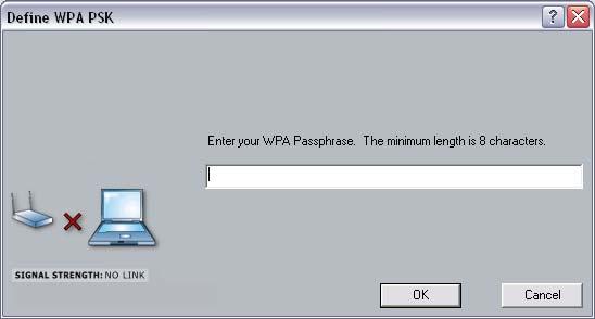 If your network uses WPA-PSK, select that radio button, and then click on the Configure button. You will then see the following window. Enter the WPA pass-phrase in the text box.