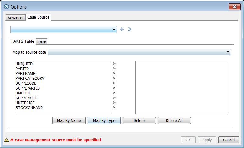 Create Your Case Source 1. In the Options window, navigate to the Case Source tab. Note that the Case Source tab has two sub-tabs: PARTS Table and Error.