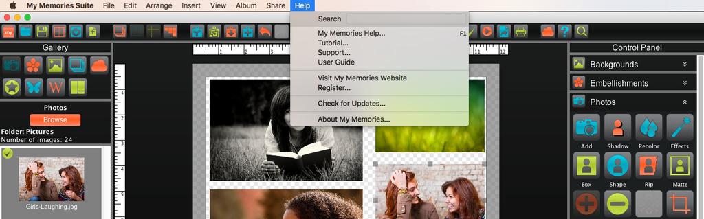 Help Menu Search - Quickly search the User Guide for key word related topics. MyMemories Help - Opens the My Memories topics, and index help system.