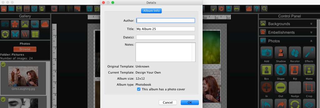 Details Displays information about the album such as name, size, type, templates used, and cover type.