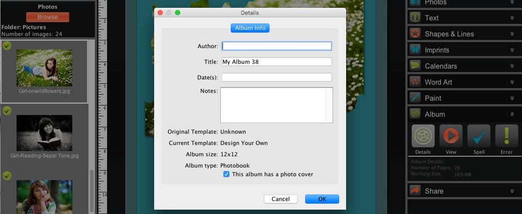 Album Check settings and prepare your album for sharing. Details - Displays information about the album such as name, size, type, and templates used.