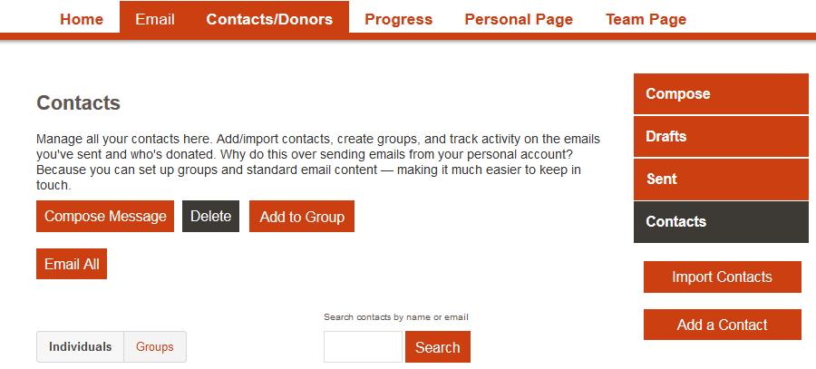 SENDING EMAILS: ADDING & IMPORTING CONTACTS Click Contacts/Donor at the top of your tool bar on the Home page.