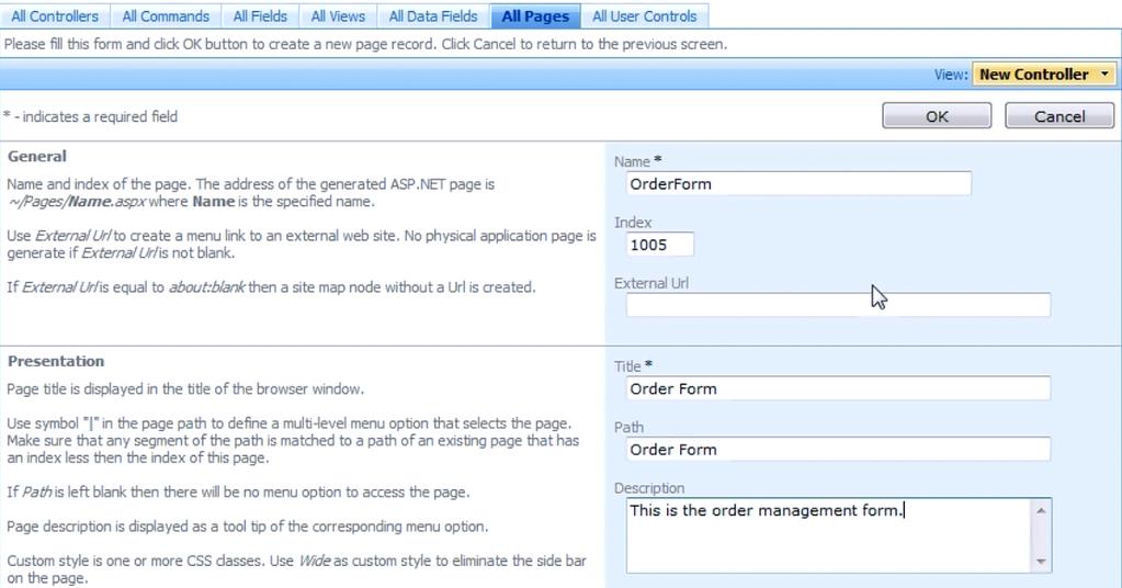 Order Form Page Add Page in Designer Now it s time to create a new page in the Designer, with the name of Order Form.