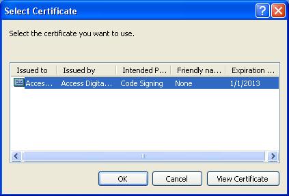 Creating a Digital Signature Select a certificate Click OK Can also view existing certificate