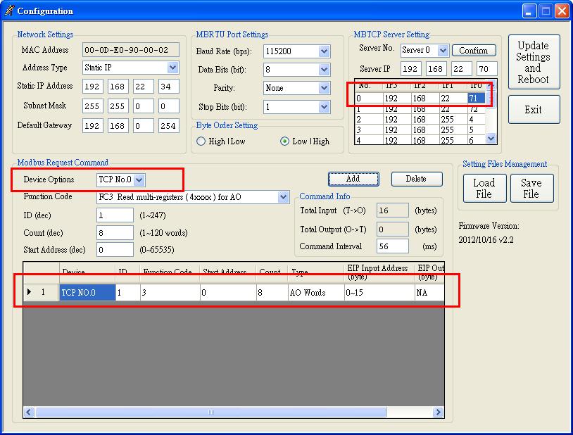 Q8:How to set up the GW-7472 for Modbus TCP? A8:In the GW-7472 configuration window, please change the Device Options to be TCP No.