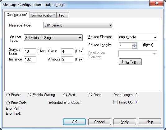 Configure the Message Configuration. here we have to select the Service Type of Set Attribute Single. To fill in the Class as 4, Instance as 102 and Attribute 3.