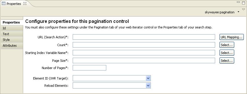 16.1.2. Attributes See Attributes 17. EE: Pagination The Skyway EE Pagination web control provides a highly customizable navigation area to enable pagination links for a large collection of data.