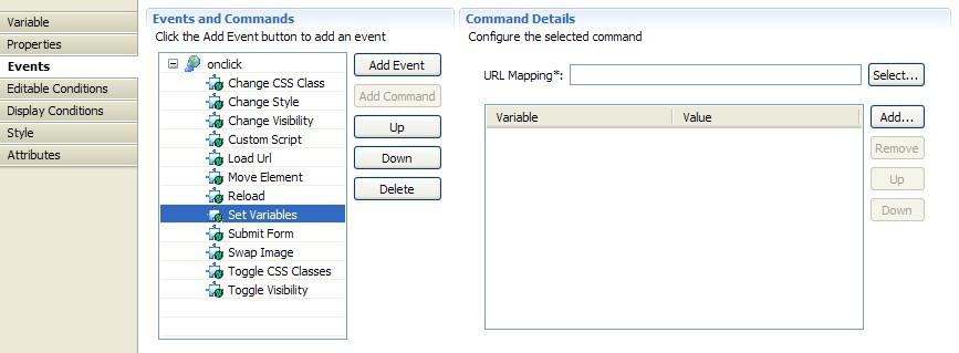 Events and Commands The following table describes the Set Variable details: Table 3.10. Set Variables Add Variables Insert, Add, Remove, and Reorder selected variables. 2.9.