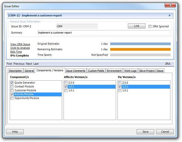 Components / Versions The "Components / Versions" tab of the issue editor will allow you to select which components, affects versions, and fix versions with which the issue is associated.