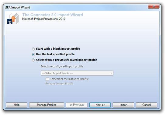 Start with a blank import profile - This will start with a blank profile that you can configure with the options you wish. Press the "Next >>" button to continue through the wizard.