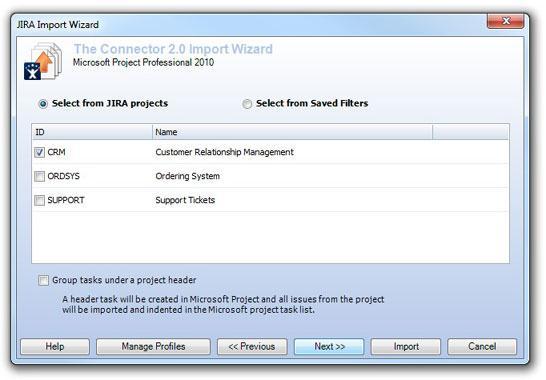 Group tasks under project header - If this option is checked, a header task in Microsoft Project will get created with the name of the project and tasks indented under the
