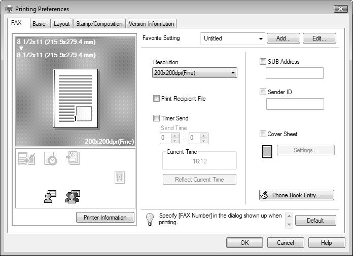 4 Saving the fax driver settings 4.9 4.9 Saving the fax driver settings You can save the changed fax driver settings and recall them if necessary. 4.9.1 Saving the settings 1 Change the fax driver settings in the [Basic], [Layout], or other tab.