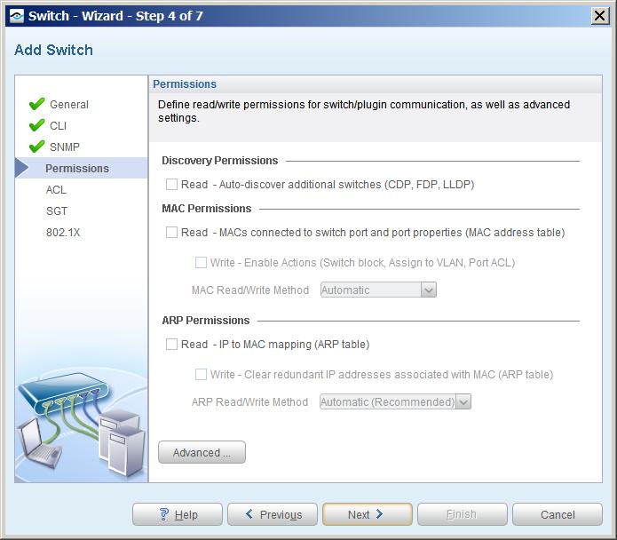 Discovery Permissions Read Auto-discover additional switches (CDP, FDP, LLDP) Enable or disable the auto-discovery feature to run periodically.