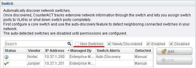 To redefine a non-switch device as a switch: 1. Display non-switch devices by selecting Non Switches. 2. Right-click a non-switch device and select Approve.