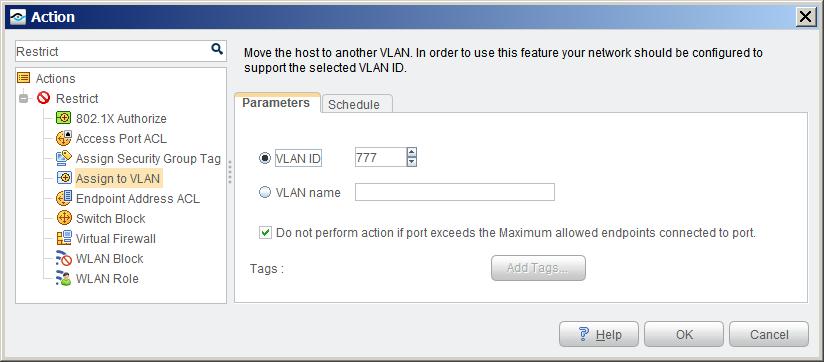 With managed Alcatel switches, do not use VLAN 1 with the Assign to VLAN action. The switch does not allow endpoint assignments to the VLAN 1 of general ports.